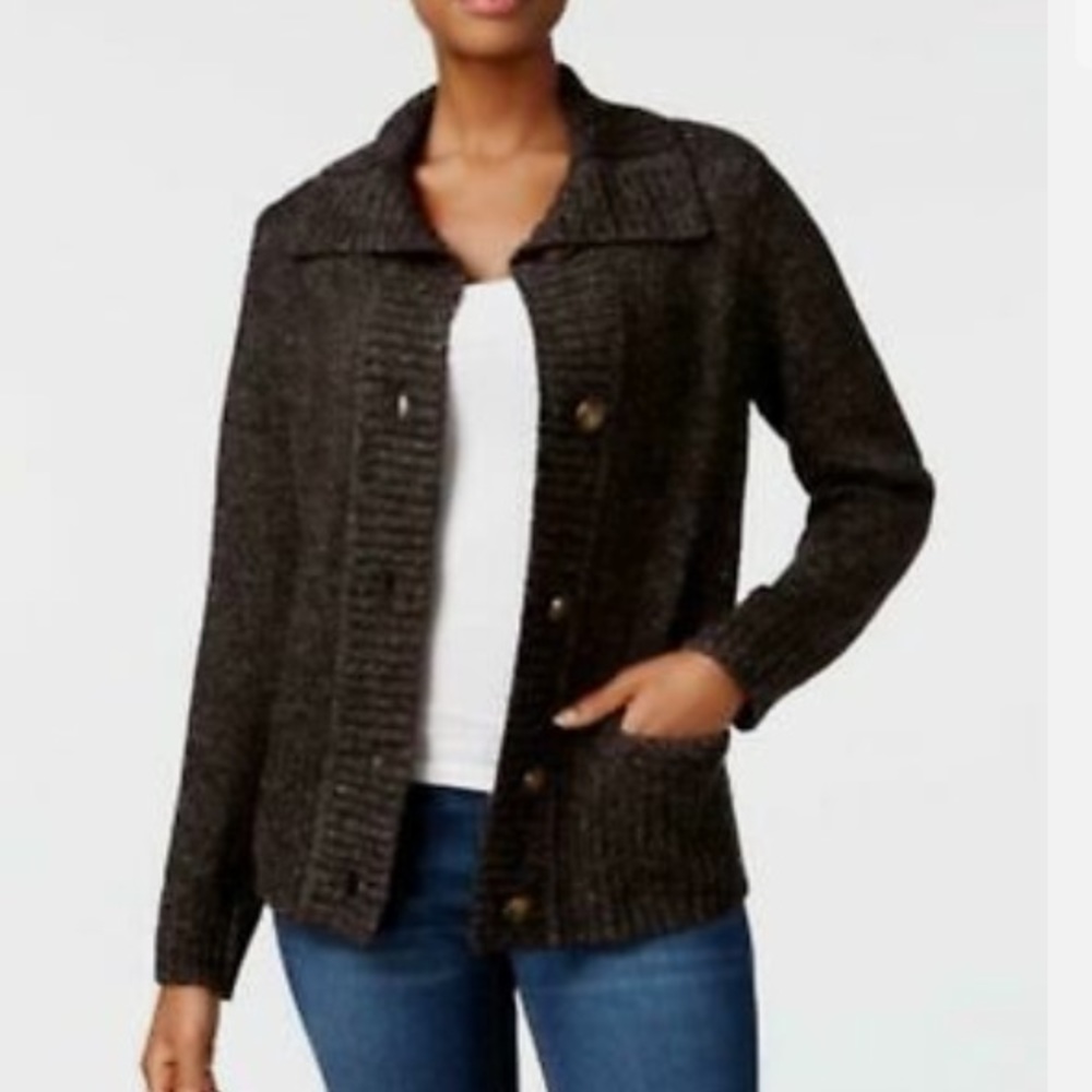 Karen Scott Black and White Marl Petite Small Button-Front Cardigan